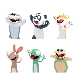6er-Set Hund, Panda, Gecko, Hase, Hai, Schildkröte